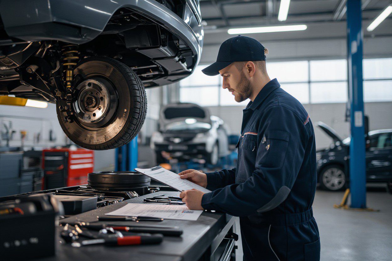 Mechanic Working Comprehensive Vehicle Safety Inspection