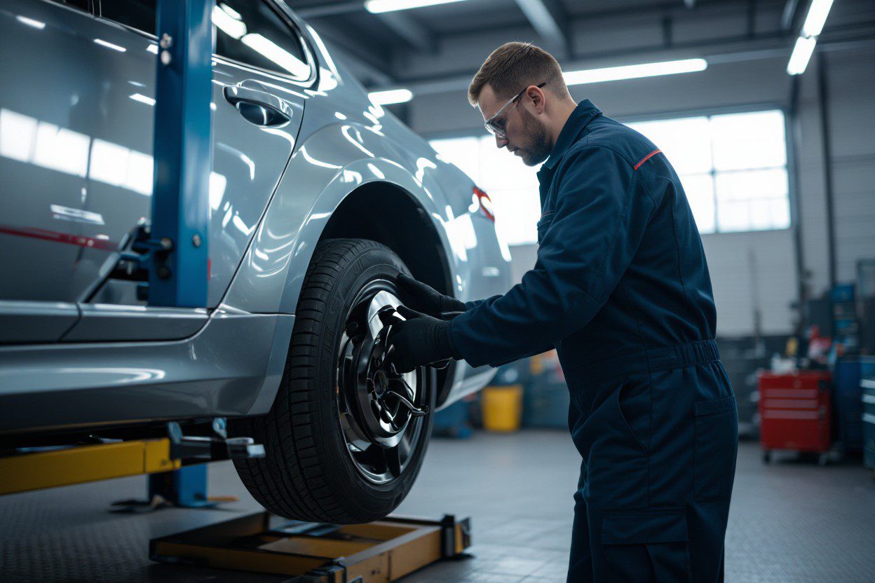 Mechanic Working On Pre-Trip Safety Vehicle Inspection